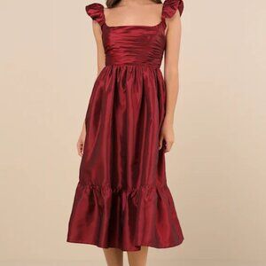 NWT Lulus Poised Passion Wine Red Taffeta Pleated Ruffled Midi Dress Size Medium